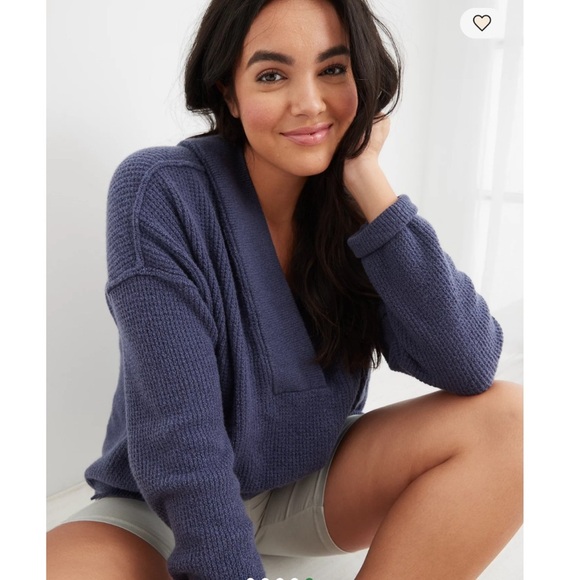 aerie Sweaters - Aerie CozyUp Waffle Sweater Hoodie - Deep Blue
